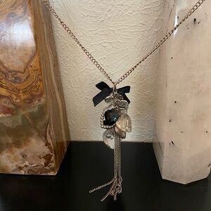 Silver Heart Charm Necklace with Black Ribbon